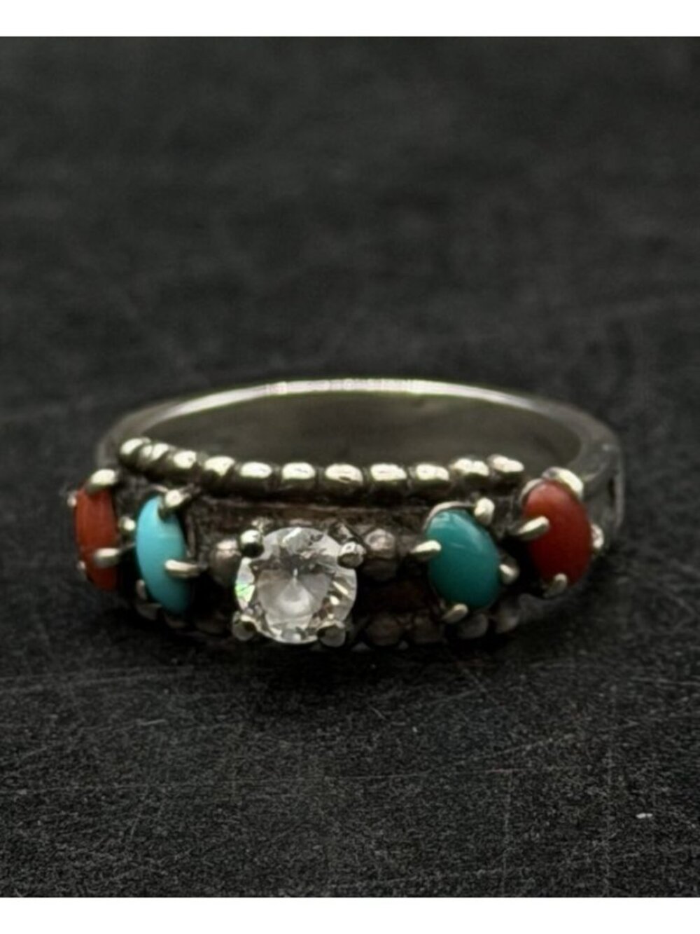 CAROLYN POLLACK 925 Sterling Coral Sleeping Beauty Turquoise CZ Ring SZ 9.5